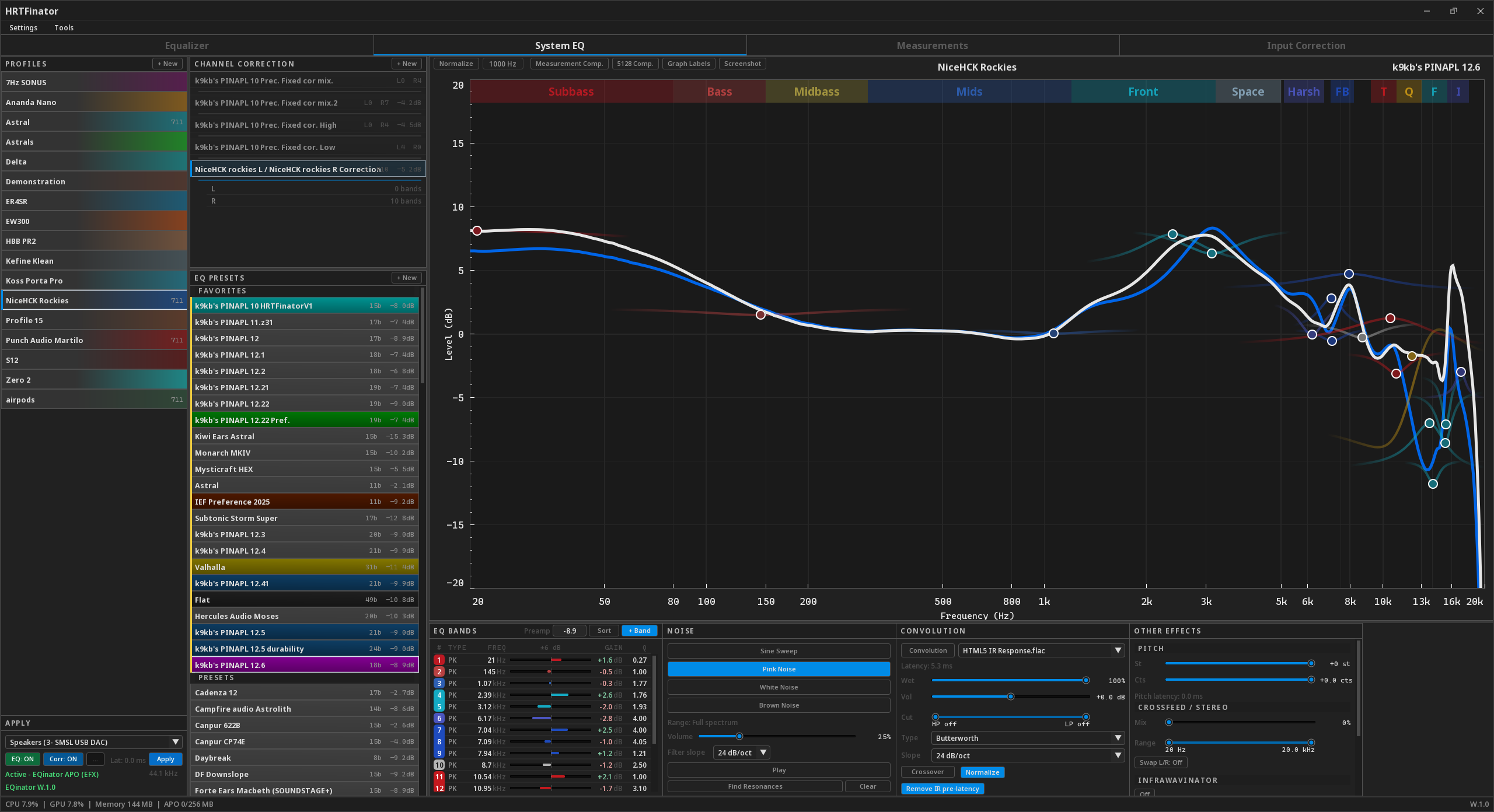 HRTFinator's System EQ tab: profiles, channel correction, EQ presets, the response graph and the Apply section